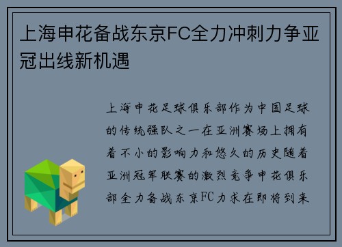 上海申花备战东京FC全力冲刺力争亚冠出线新机遇