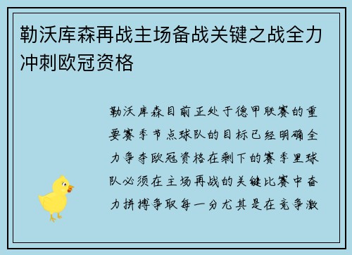 勒沃库森再战主场备战关键之战全力冲刺欧冠资格